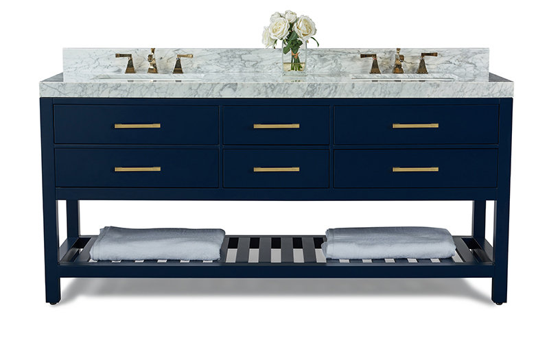 Elizabeth 72" Double Bathroom Vanity Set with Mirror, Carrara White, Gold, Heritage Blue