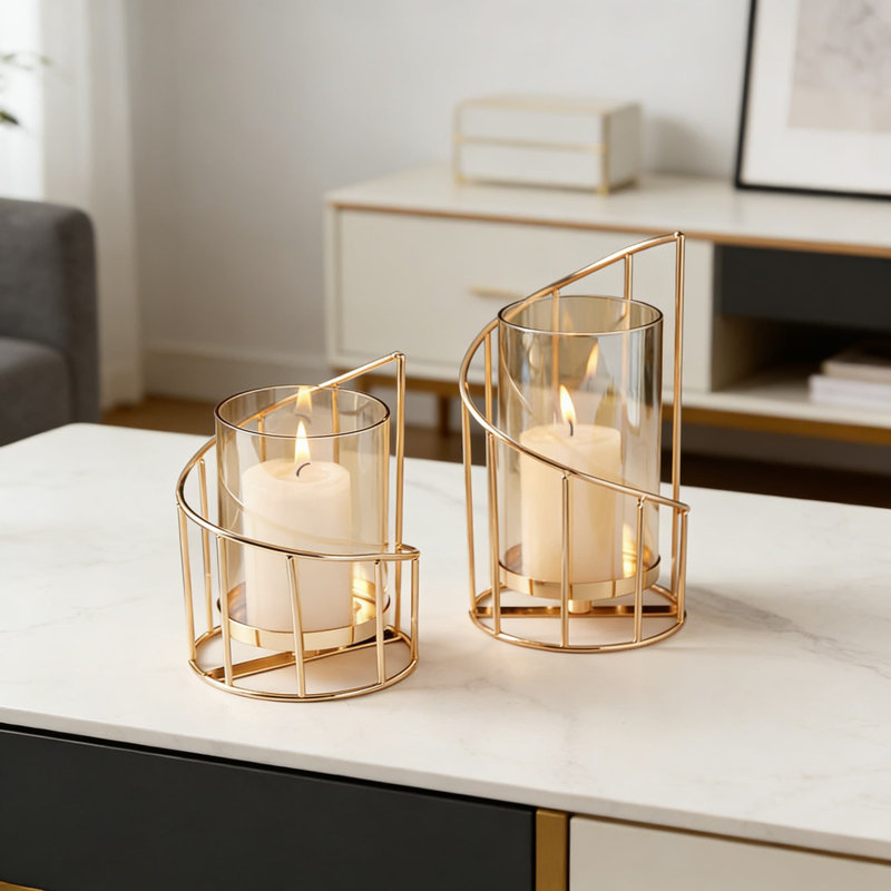 Ensemble de 2 porte-bougies décoratifs en fil métallique avec bocaux en verre, porte-bougies dorés pour centre de table et décoration intérieure, ensemble de 2