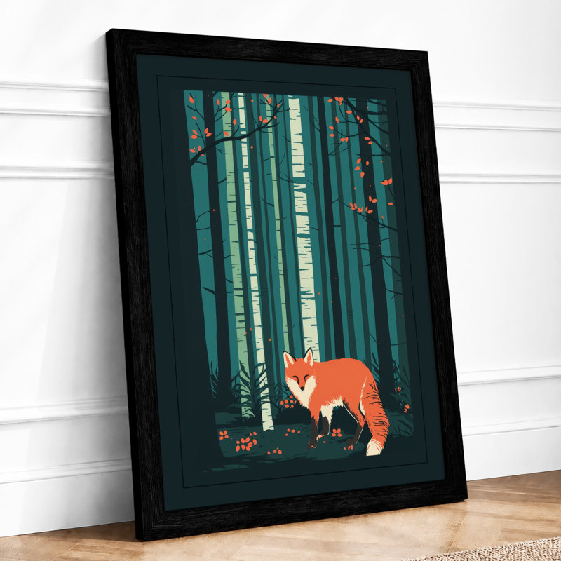 Fox in Forest Modern - Framed Print, A2 - 59.4 x 42.0 cm, Black