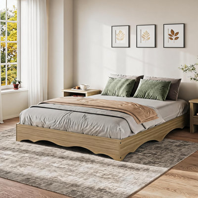 Cadre de lit double en bois, cadre de lit bas avec bord ondulé, cadre de lit en bois sans tête de lit, conception silencieuse, aucun sommier tapissier requis, assemblage facile