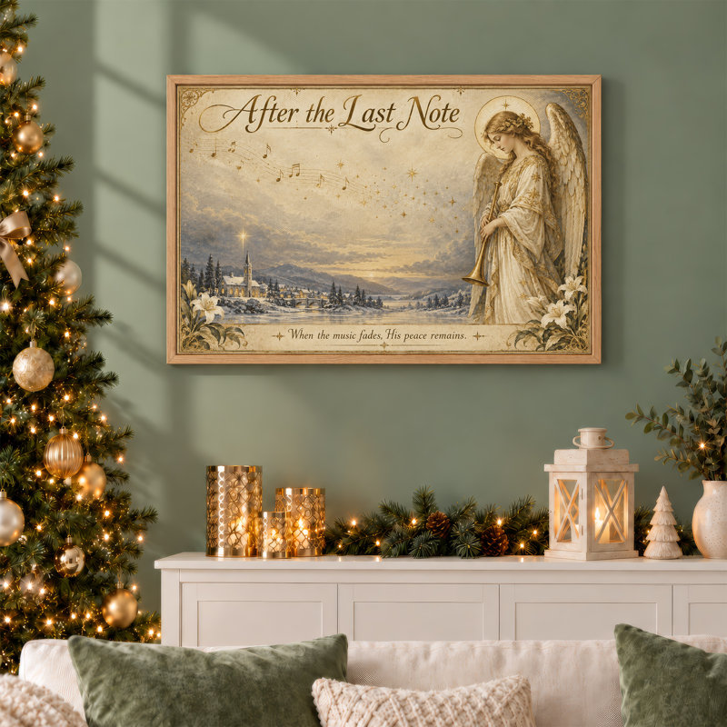 Ange avec trompette et paysage de village enneigé, art de Noël sur toile, H 18 po x l 24 po