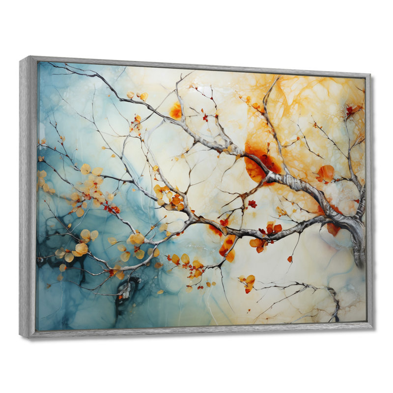 Orange, bleu sarcelle, érable brillant, agate I - arbre érable, art mural, H 12 po x l 20 po x P 1 po, Encadrement argenté