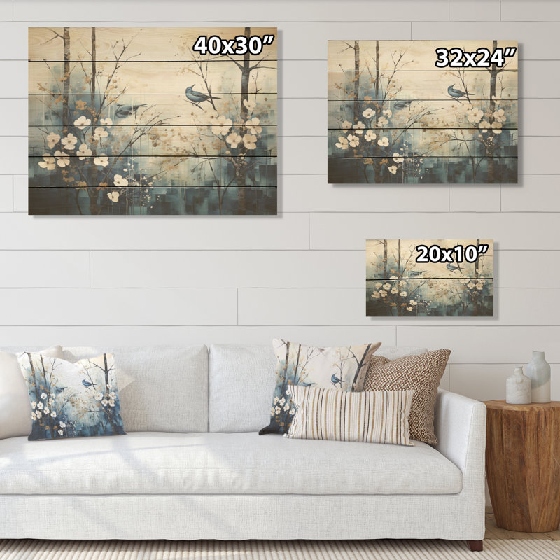«Blue and White Forest Winter Harmony I», art mural bois de forêt sur bois de pin naturel, H 10 po x l 20 po