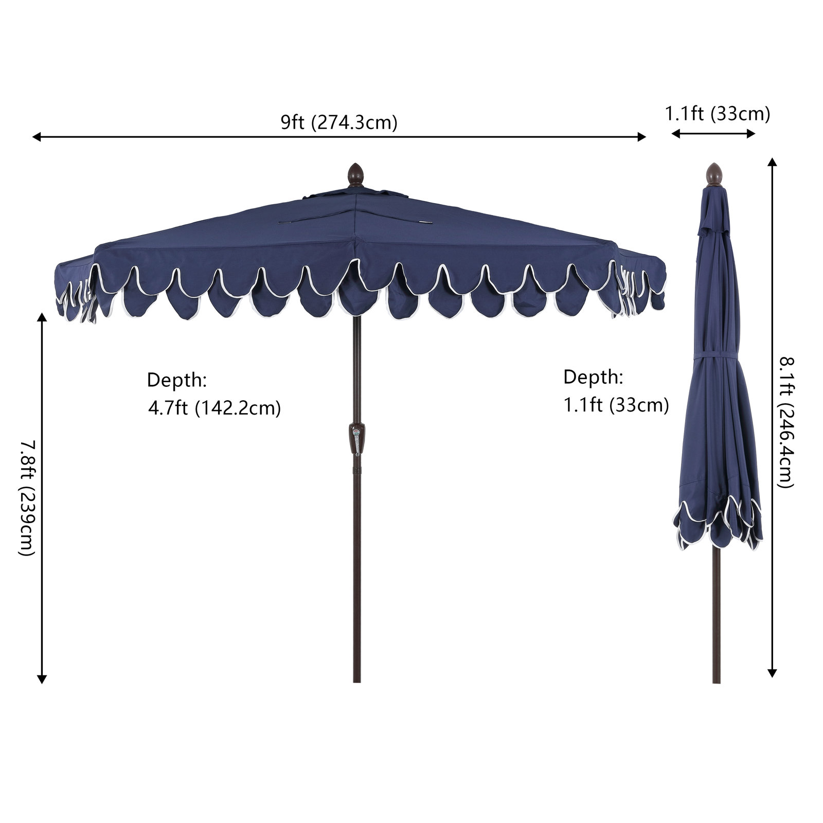9' Market Umbrella, Navy/White, Dark Brown