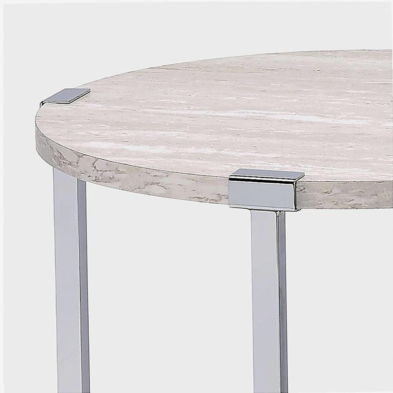 Table de bout ronde avec support en forme de X, chêne blanc et chrome