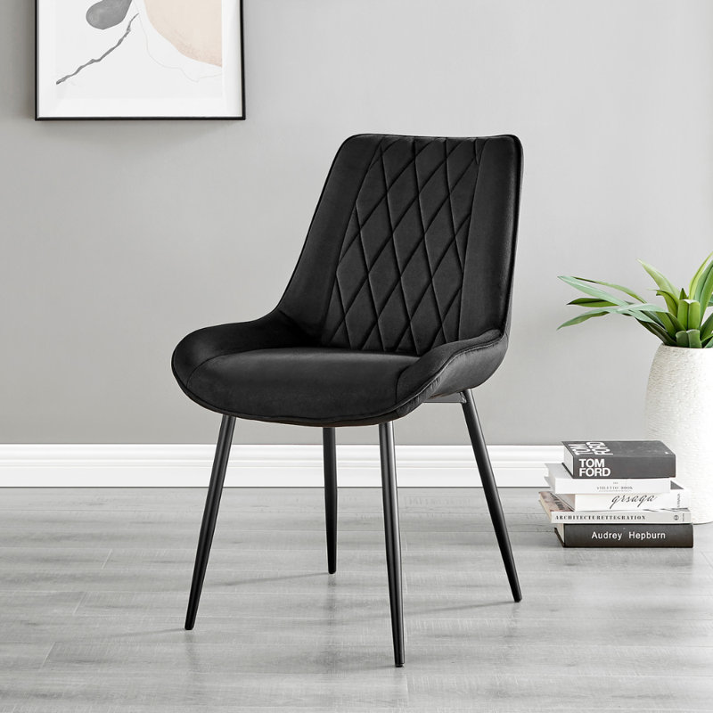 Palermo Velvet Modern Dining Chairs with Tapered Metal Legs & Quilted Diamond Stitching, Black, Black
