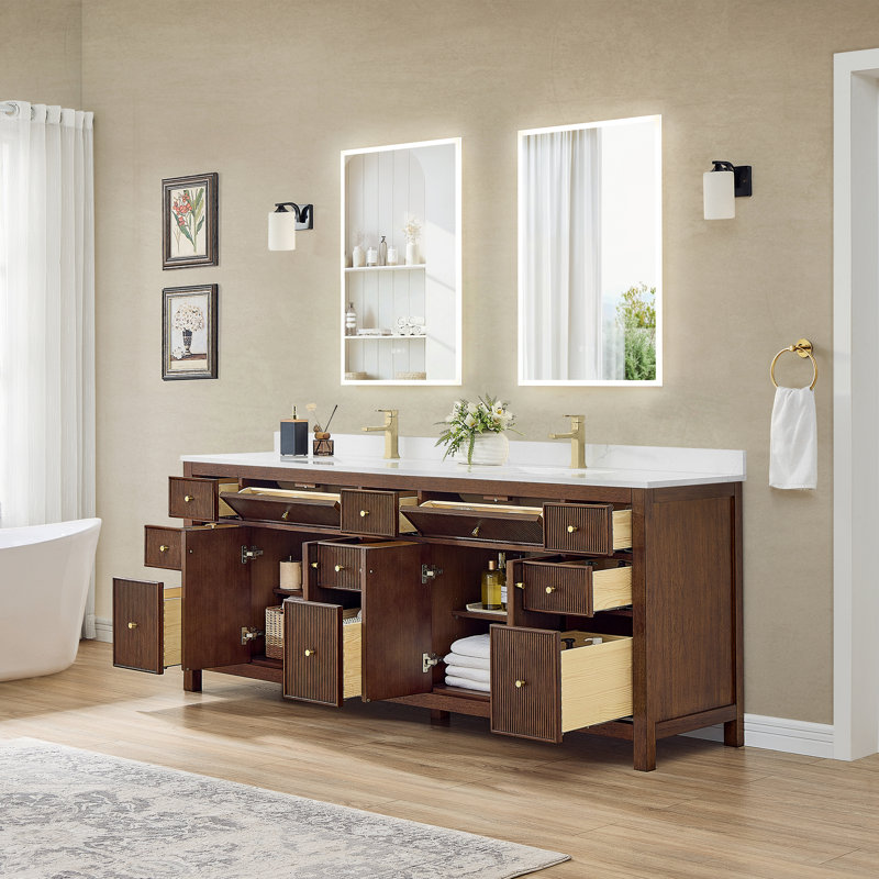 Ensemble de meuble-lavabo double Pendry, Dark Walnut, Or brossé, Marbre de culture de Carrare