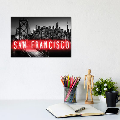 Neon San Francisco Red On Black by Hailey Carr - Wrapped Canvas Print
