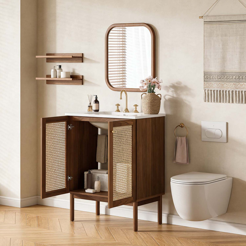 Meuble-lavabo de 30 pouces avec portes en bambou tissé à la main, Noyer foncé