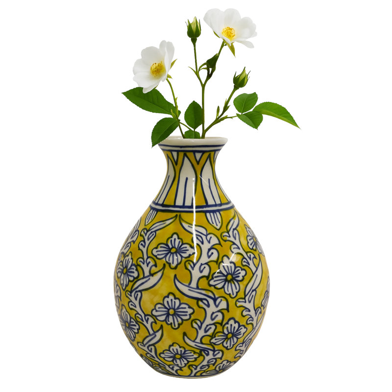 Home&Manor Ceramic Bottle Vase Yellow, Yellow/Blue/White