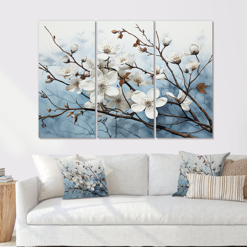 «White Dogwood Blossom Harmony V» - ensemble de reproductions d'art mural cornouiller, H 32 po x l 48 po x P 1 po