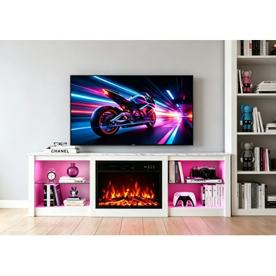 65" Fireplace TV Stand with Marble Top, Power Outlets & LED Lights