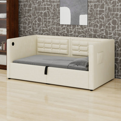 Velvet Upholstered Hydraulic Bed Frame With Charging Station,Lift Up Storage,Armrest And Tufted Sofa Back