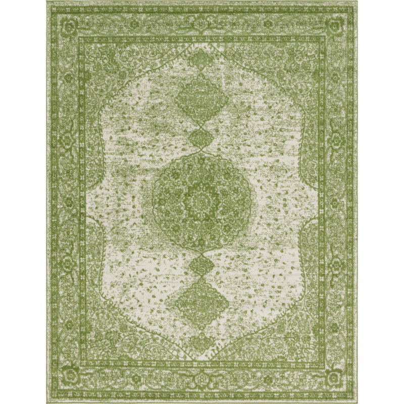 Tapis vert de style oriental, Rectangle 7 pi 10 po x 11 pi