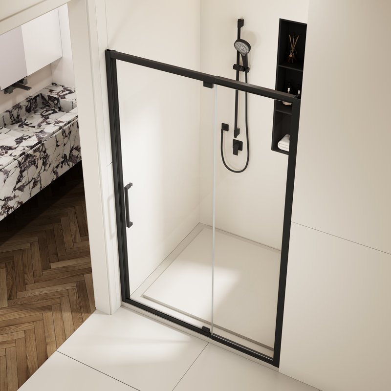Porte de douche de 32 à 36 po x H 76 po avec verre trempé de 6 mm - noir mat, alliage d'aluminium, option d'installation réversible, moustiquaire réglable H, noir