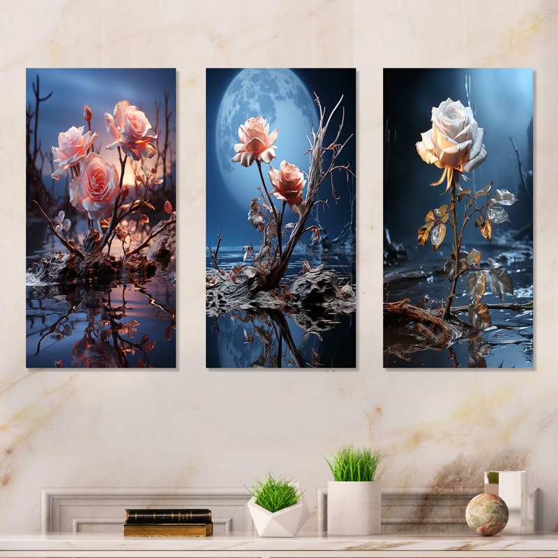 Ensemble de salon 3 pièces Moonlit Flower Serenity Blooms I - Rose, Toile tendue, H 28 po x l 36 po