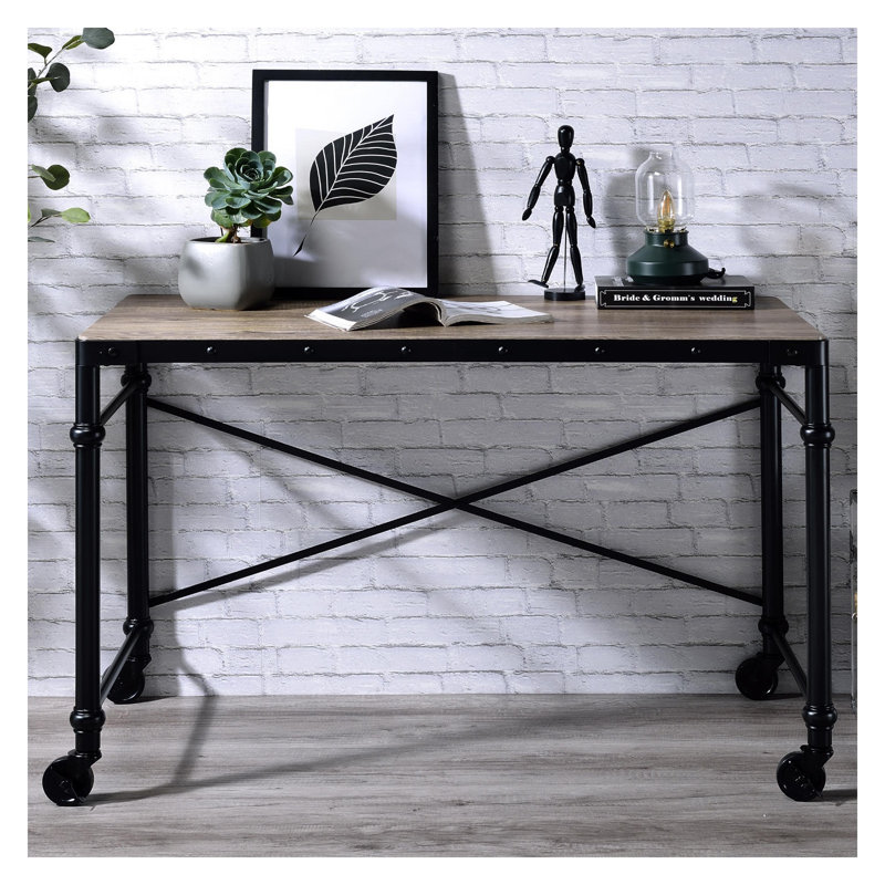 Rustic Oak and Black Rectangular Writing Desk with Metal Base, Nail Head Accents, and Wheels