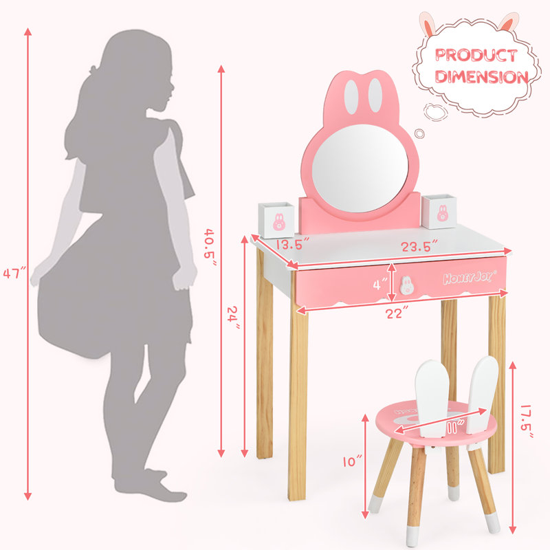 Ensemble de meuble-lavabo pour enfant en bois manufacturé avec miroir Rabbit, Rose / blanc / brun