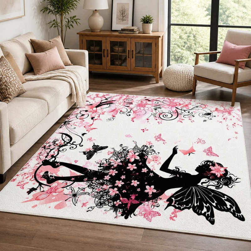 Tapis décoratif artistique et fantaisiste à motif de silhouette de fée avec fleurs et papillons (1 pièce), lavable et facile d'entretien, grande surface fine, envers antidérapant, idéal pour le salon, la chambre, la chambre d'enfant ou la salle de jeux. Usage intérieur.