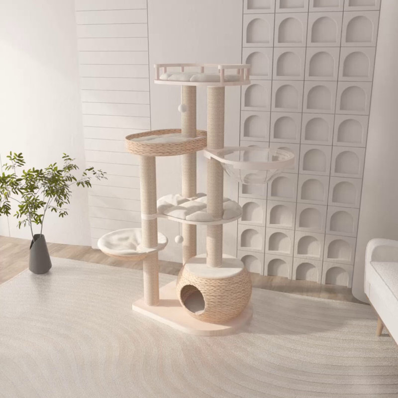 Summer Breathable Woven 55.5"H Whispering Hollow Cat Tree with 3 Scratchers and 5 Perches, Woven Wood & Modern Design for Multi-Cat Households