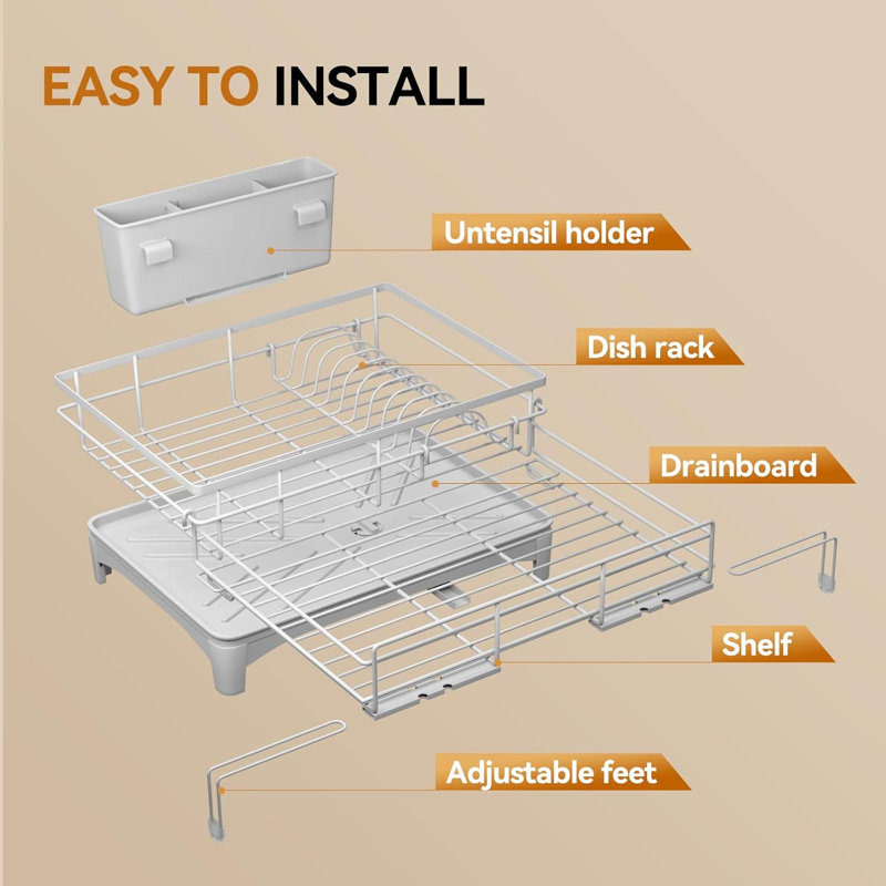 Dish Drying Rack - Expandable Rack, Large Capacity Dish Drainer for Kitchen Counter, Rust-Proof with Utensil Holder, Gray