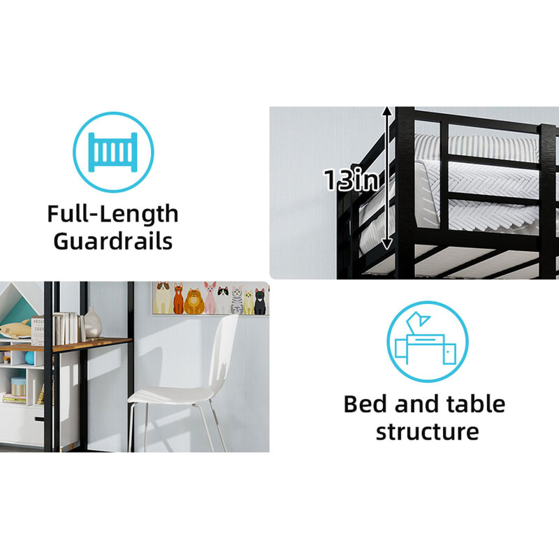 Lit simple en fer noir avec bureau en L pour chambre d'enfant, escalier robuste, peu encombrant et stable des deux côtés