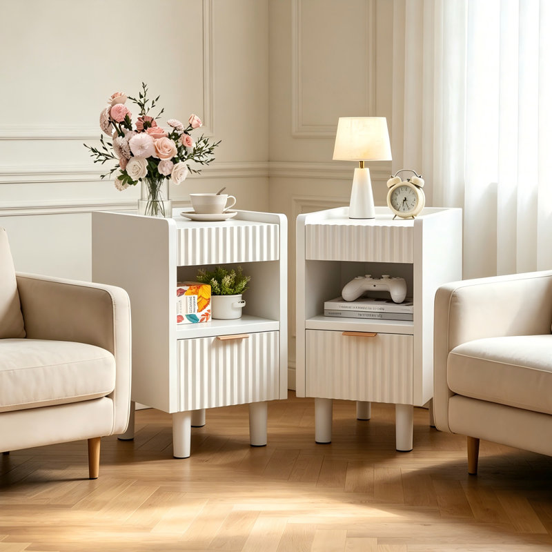 Ensemble de 2 tables de chevet modernes en bois cannelé, avec tiroir et rangement ouvert, pour le salon, la chambre à coucher, la décoration intérieure, blanc