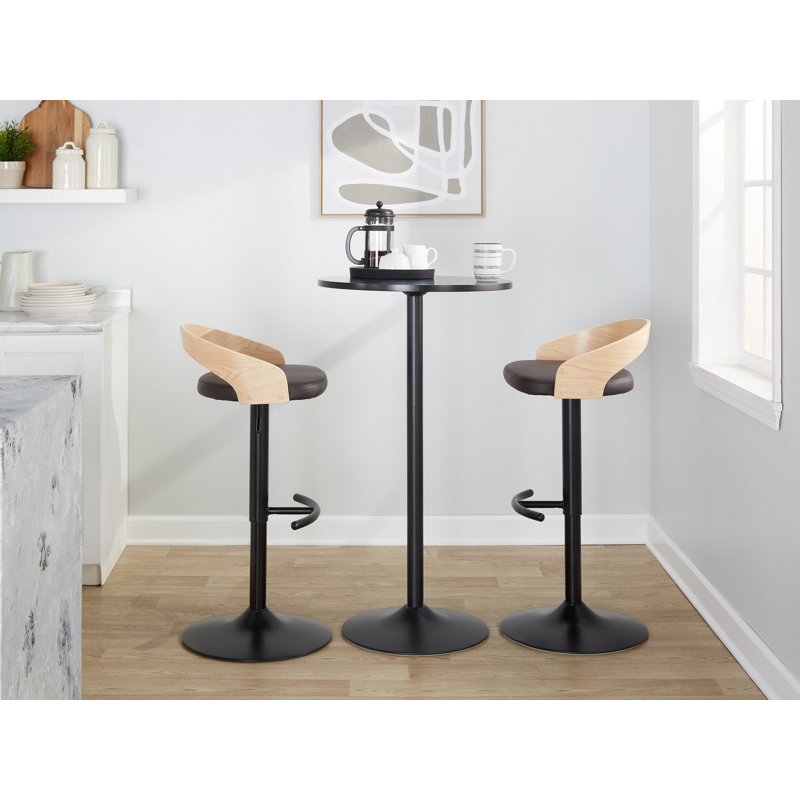 Tabouret de bar réglable avec pivot en métal noir, bois naturel et similicuir brun avec repose-pieds arrondi en T - ensemble de 3