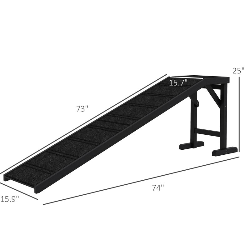 Rampe de mouvement noire pour animal de compagnie, antidérapante, de 74 po x 16 po x 25 po, fabriquée en pin noir. Avec tapis antidérapant. En pin massif. Supporte le mouvement. Soulage le fardeau commun. Assemblage requis