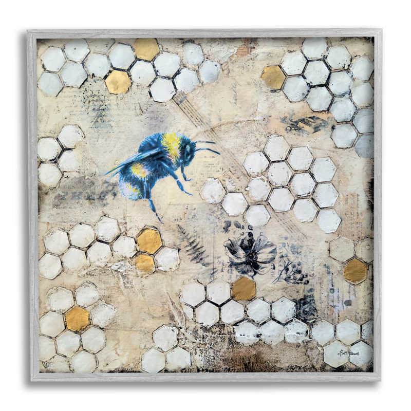 «Bee Insect Collage Botanical Hive», art mural texturé giclée par Britt Hallowell_aq-442, H 17 po x l 17 po x P 1,5 po