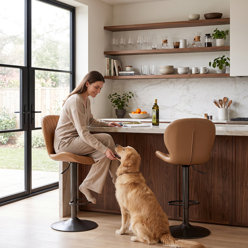 Ensemble de 2 tabourets de bar pivotants, hauteur réglable de 56 à 76 cm, en similicuir brun, avec dossier, pour îlot de cuisine et bar à domicile.
