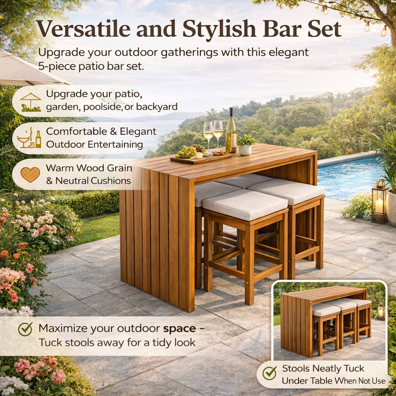 Ensemble de table de salle à manger en bois d'acacia massif 5 pièces pour patio, porche, bord de piscine