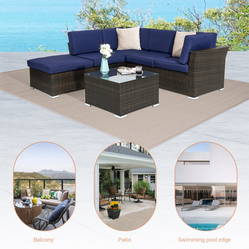 5 - Person Modular Patio Conversation Set with Cushions, Navy Blue
