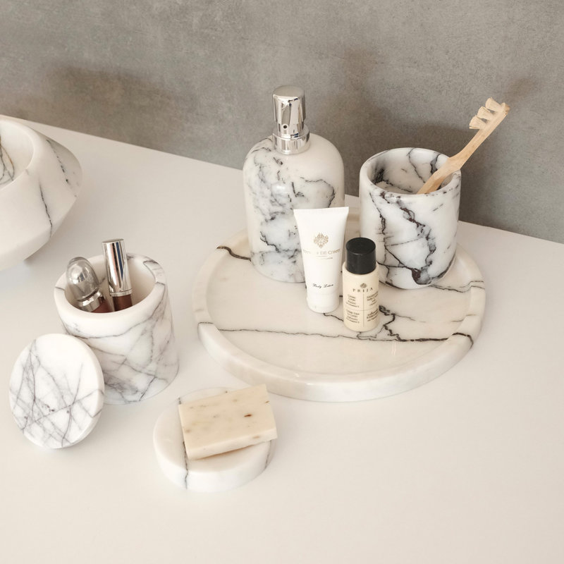 Ensemble de salle de bain luxueux 5 pièces, marbre 100% sicilien Lila, plateau de meuble-lavabo 10,6 po, distributeur de savon 3,5 po x 4,7 po, porte-brosse à dents et support Q-Tip 3,5 po x 4,0 po, couleur blanche élégante pour les salles de bain et les spas modernes