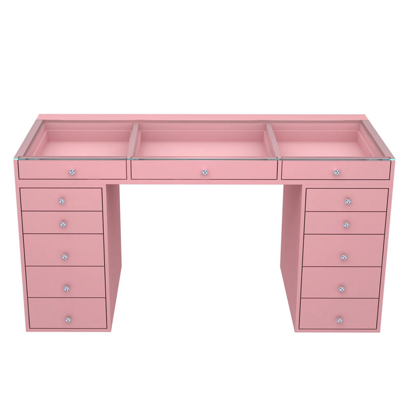 Light Pink Glossy MDF Vanity Desk with Clear Glass Top and 5 Drawers