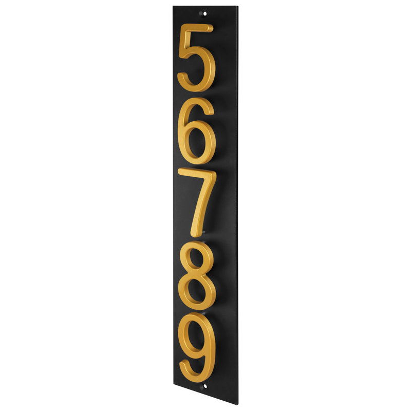 Plaque d'adresse verticale flottante en aluminium Royal Shade - 5 chiffres personnalisés, Noir, Doré, Oui