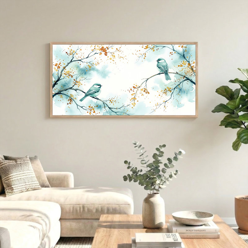 Ensemble de 1 tableau sur toile représentant des oiseaux et des branches, L 58 po x H 28 po, Naturel