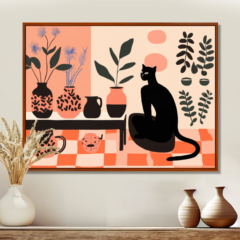 «Black Cat In Boho Interior Retro Illustration II - Panther Animal», reproduction d'art murale, H 30 po x l 40 po x P 1,5 po
