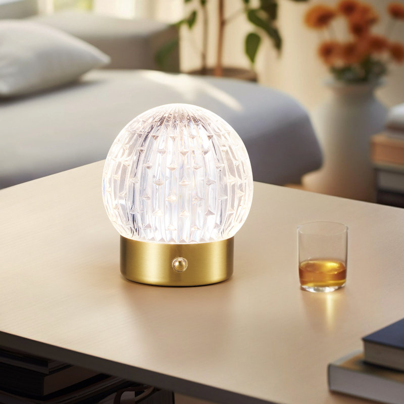 Rechargeable LED Table Lamp, Small Battery Powered, Touch Operated Desk Lamp, Globe Shade, Gold