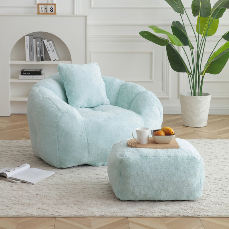 Fauteuil à billes géant avec repose-pieds pour le salon, Bleu clair