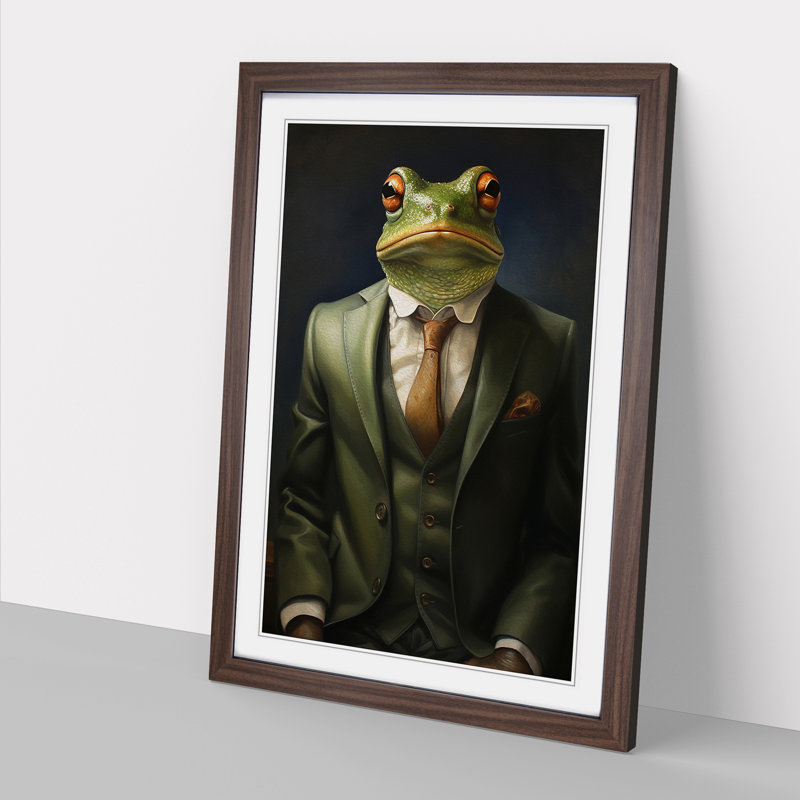 Frog In A Suit Painting - Single Picture Frame Print on Wood, 34cm H x 25cm W, Walnut Framed