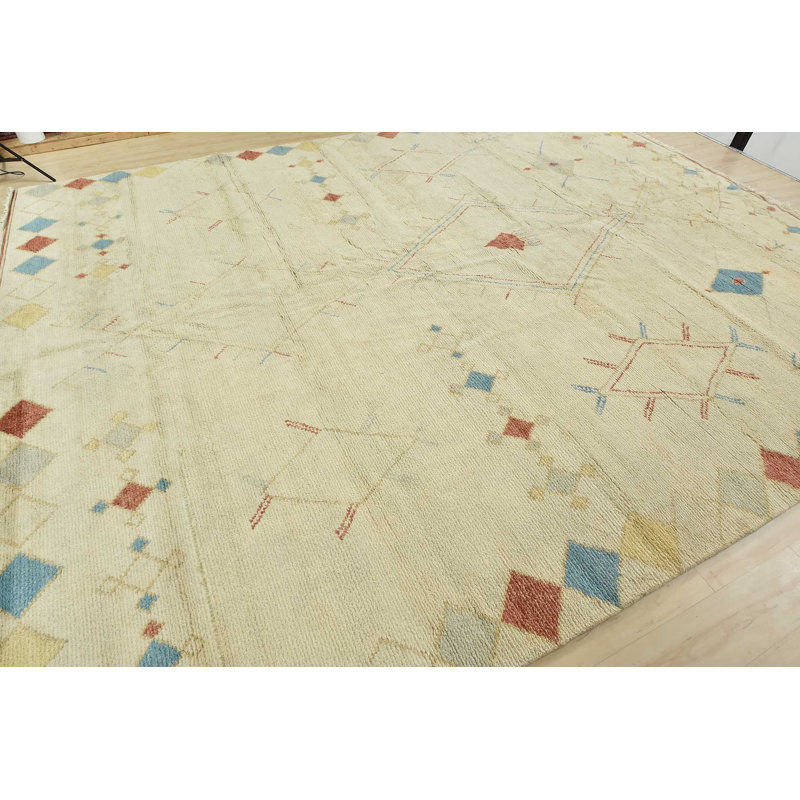 Tapis ivoire en laine noué à la main de conception unique 11 pi 11 po x 15 pi