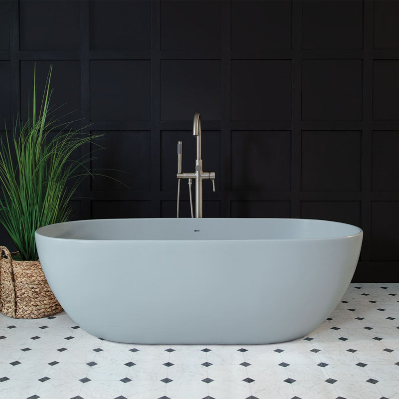 65'' x 32'' Freestanding Soaking Solid Surface Bathtub, Matte Light Gray