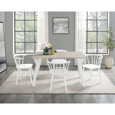 Ensemble de salle à manger 5 pièces en bois blanc et naturel avec table Windsor et 4 chaises Windsor
