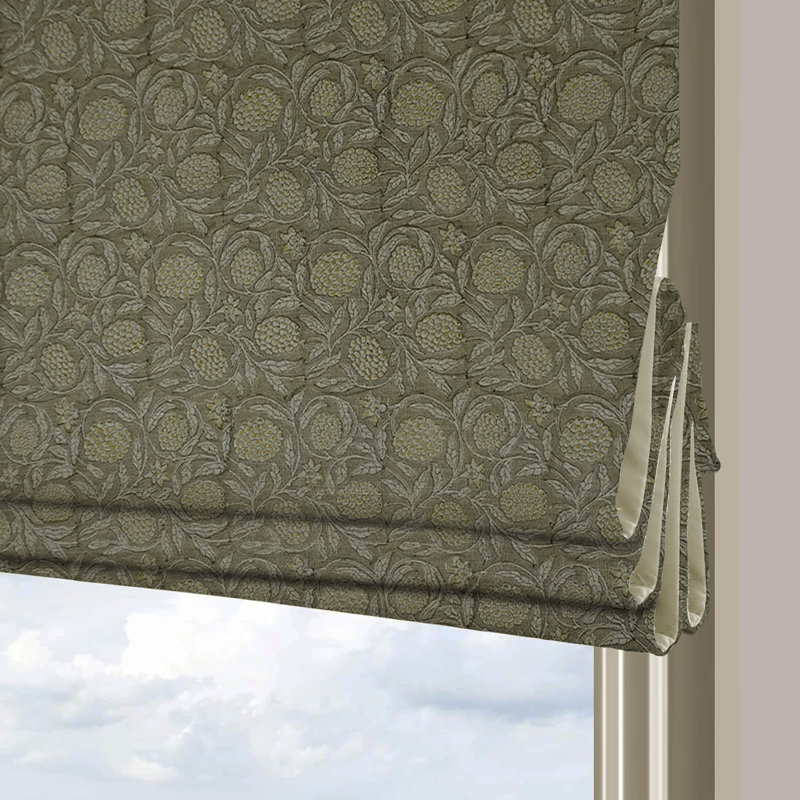 Fabdivine Floral Handmade Block Printed 100% Blackout Linen Roman Shade for Windows and French Doors, Corded Blinds for Living or Bedroom, Brown, Room Darkening, Merakhi