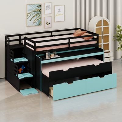 Multi-Functional Loft Bed  with  Desk, Trundle, Two  Storage Drawers， Space-Saving Gaming Workstation Bed