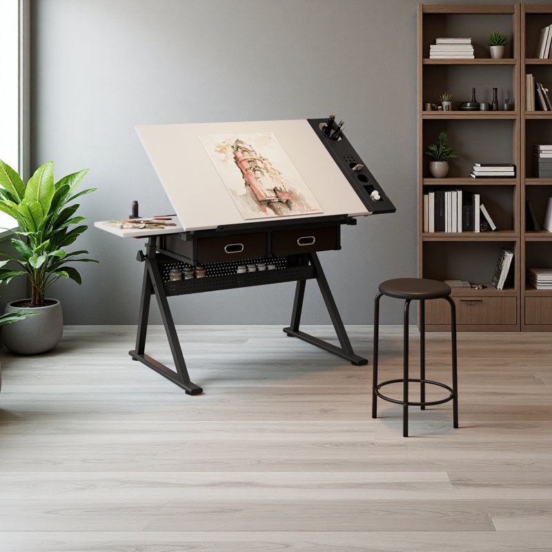 Bureau de dessin réglable avec 2 tiroirs pour bureau à domicile et école avec tabouret