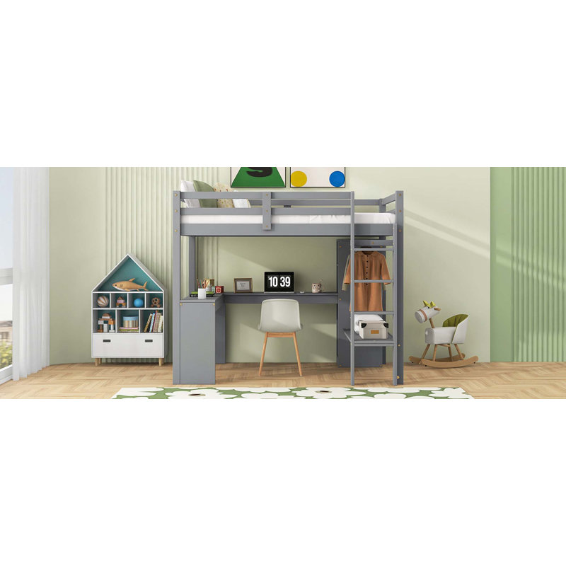 Lit mezzanine avec bureau en L, garde-robe et tablettes de rangement, Gris, Lit simple