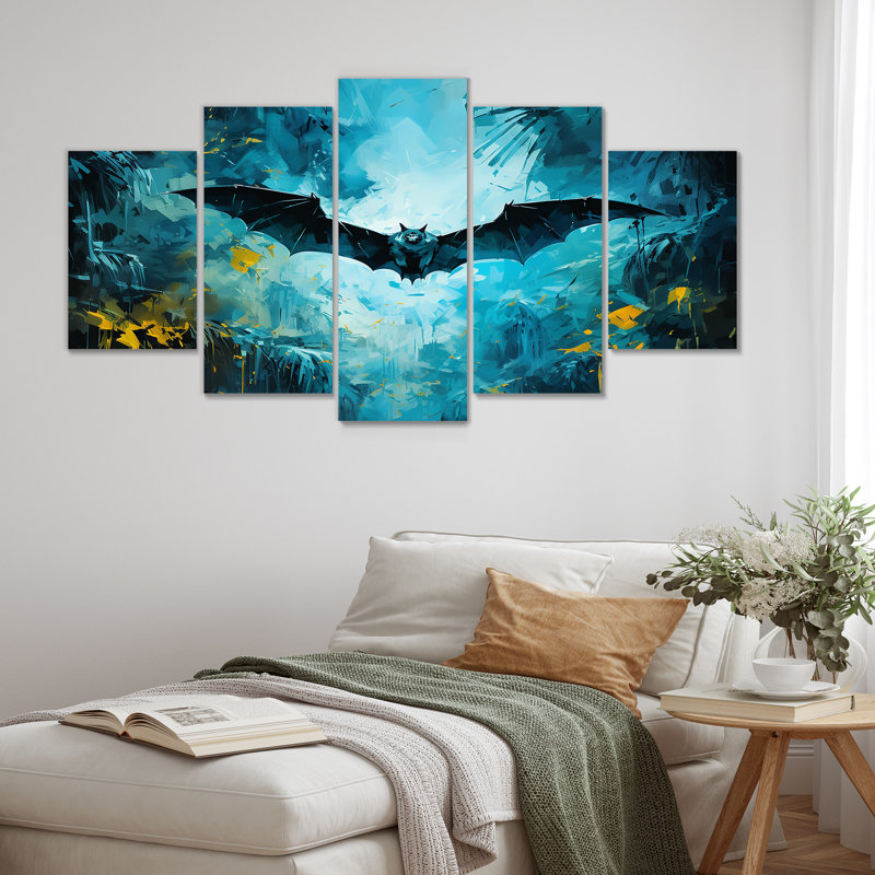 «Blue Watercolor Night Bat Charm II», art mural multicolore sur toile