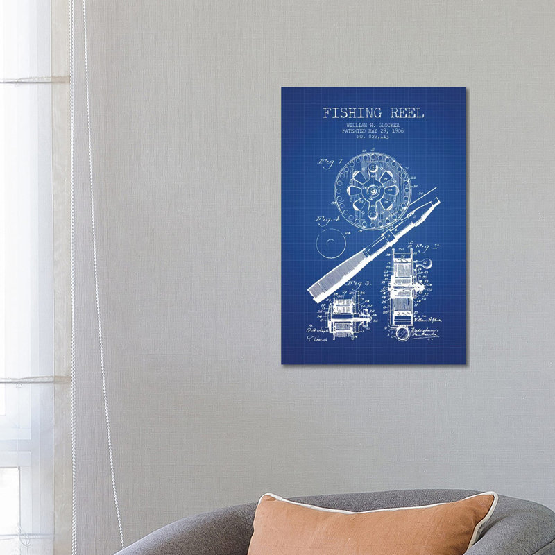 W.H. Glocker Fishing Reel Patent Sketch (Blue Grid) by Aged Pixel - Wrapped Canvas Print
